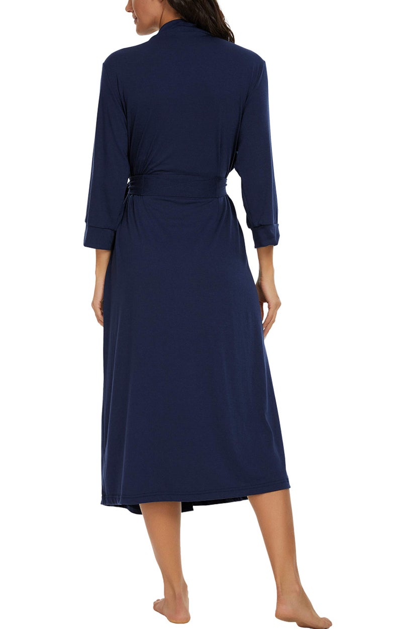 VINTATRE Women Kimono Robes Long Knit Bathrobe Lightweight Soft Knit Sleepwear V-neck Casual Ladies Loungewear Navy Blue-Small - Image 5